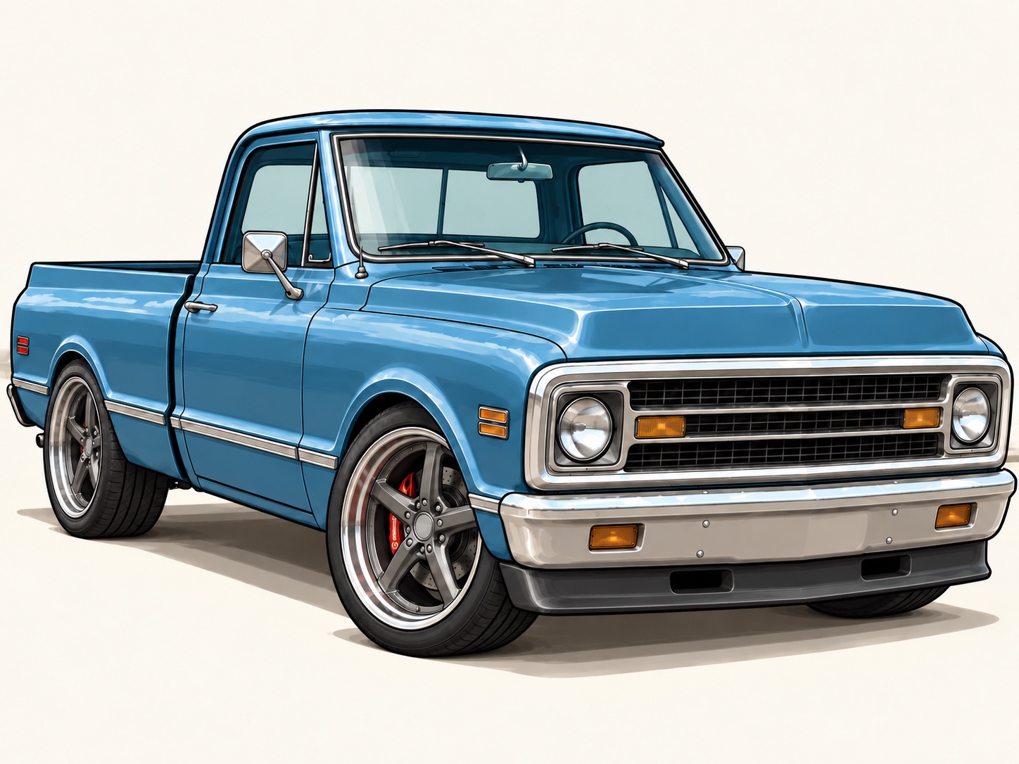 Restored blue classic truck after the build